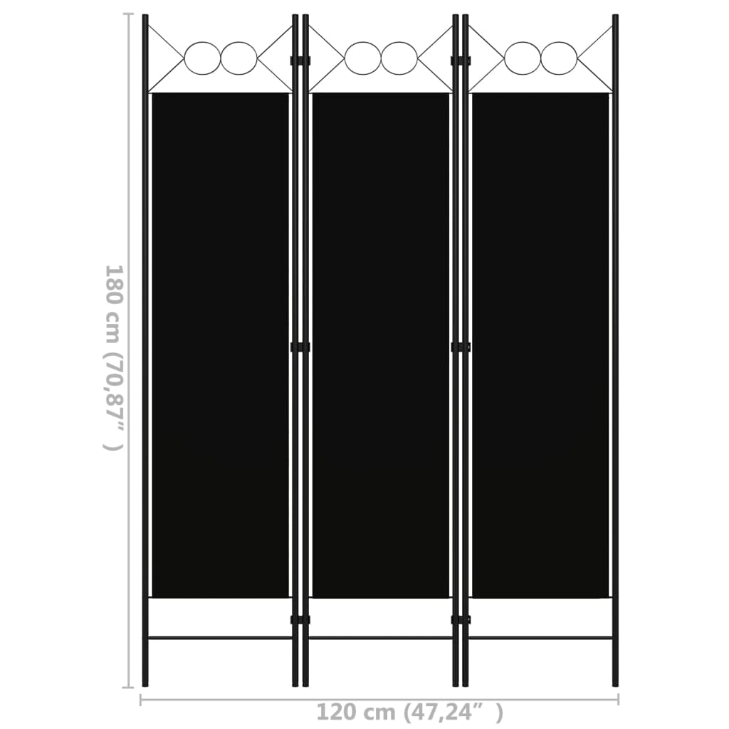 3-tlg. Raumteiler Schwarz 120 x 180 cm